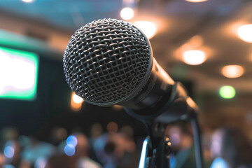 Close-up of a microphone at an economic forecasting event where experts predict the next financial trends