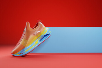 3d illustration of  shiny green sneaker with foam soles and closure under neon color on a   red background. Sneakers side view. Fashionable sneakers.