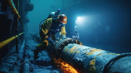 An Expert technicians are diving to install underwater oil and gas pipelines in blue undersea industrial equipment for energy transportation. - obrazy, fototapety, plakaty