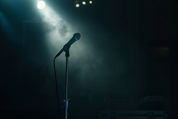Close-up of a microphone on a dark stage illuminated by a single spotlight