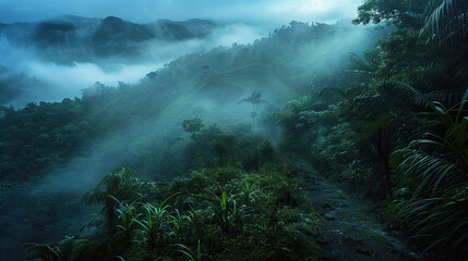 Foggy night in the rainforest
