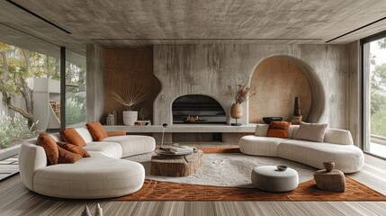 Harmony of Form and Function: The living room achieves a harmonious balance between form and function, embodying the essence of minimalist design principles. illustration - obrazy, fototapety, plakaty
