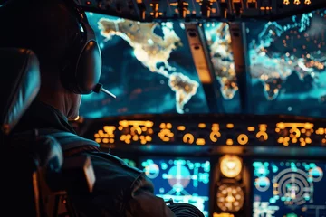 Fotobehang Close-up of a pilot in a cargo plane cockpit, screens showing global flight routes for logistics © Tohamina