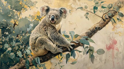 Koala Zen: Tree Lounge and Leaf Munch in 4K Beauty - obrazy, fototapety, plakaty