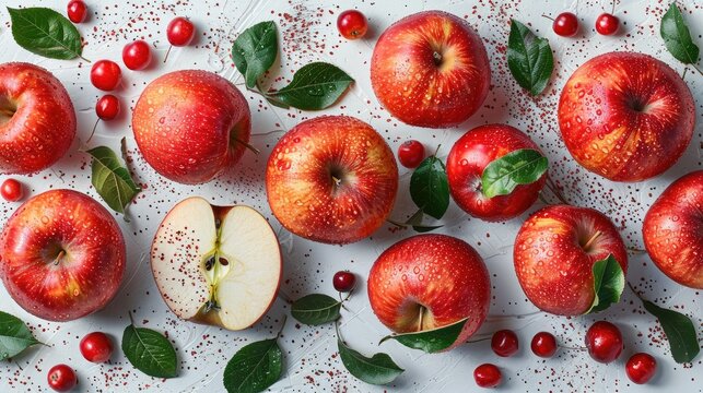 ripe red apple fruits with apple slice and apple green leaves red apples and leaves stock image