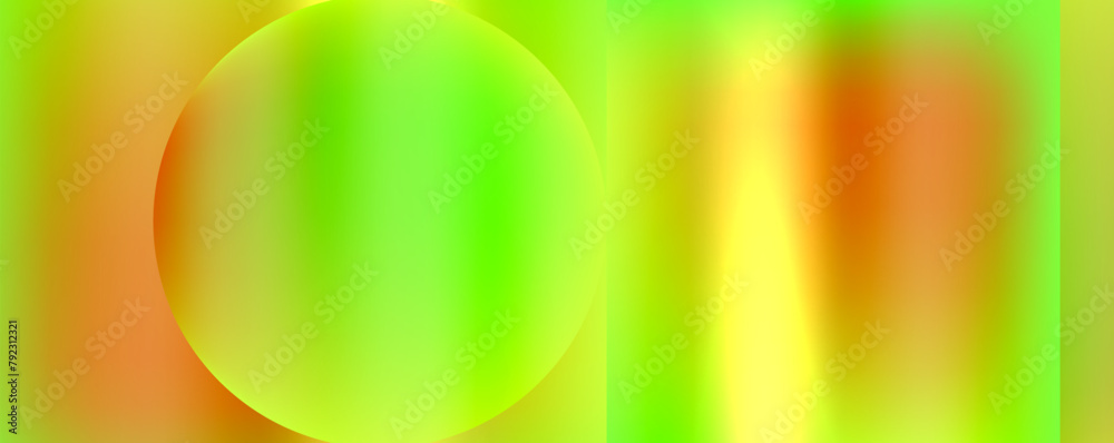 Poster Vibrant colorfulness surrounds an electric blue circle in the middle, creating a symmetrical pattern of tints and shades. The art and graphics feature magenta accents on a grass green background
