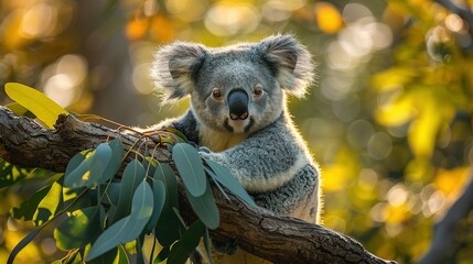 Naklejka premium Koala Bear Sit On The Branch of the tree and eat leaves 4K Wallpaper