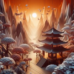 Stylized Digital Artwork of Traditional Asian Pagoda in Mountain Landscape at Sunrise with Peaceful Atmosphere