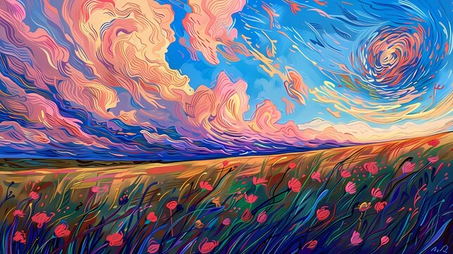 flower field and pink clouds illustration poster web background