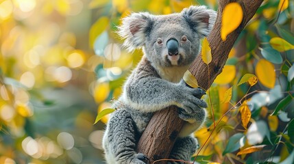 Fototapeta premium Koala Bear Sit On The Branch of the tree and eat leaves 4K Wallpaper