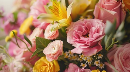 The image shows a bouquet of flowers including pink and yellow roses, green foliage, and other white and yellow flowers.