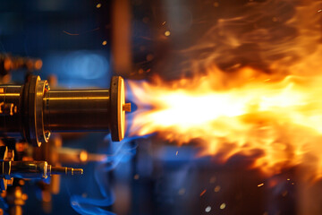 Close-up of a rocket engine nozzle during a test firing, capturing the flame and engineering complexity - obrazy, fototapety, plakaty
