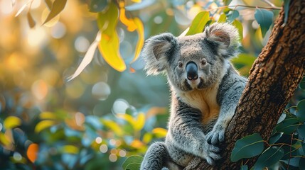 Majestic Koala: Tree Perch and Leaf Feast - 4K Background - obrazy, fototapety, plakaty