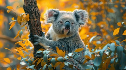 Naklejka premium Majestic Koala: Tree Perch and Leaf Feast - 4K Background