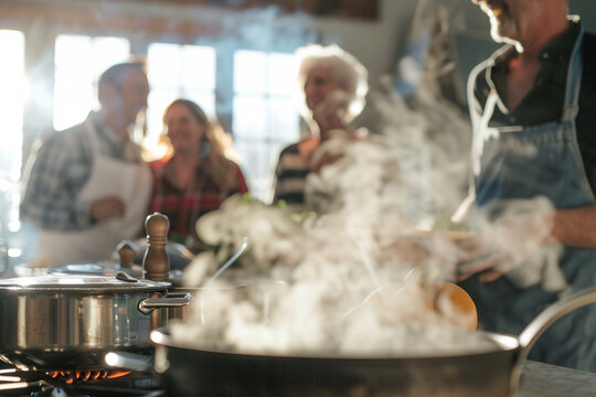 Close-up of a steaming pot on the stove, with family members in aprons laughing in the background