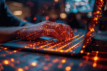 Close-up of a software developers hands coding on a laptop with innovative software, the screen glowing with lines of code