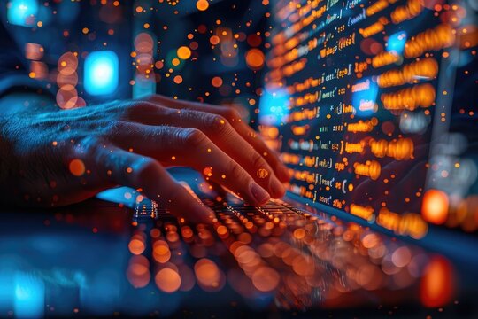 Close-up of a software developers hands coding on a laptop with innovative software, the screen glowing with lines of code