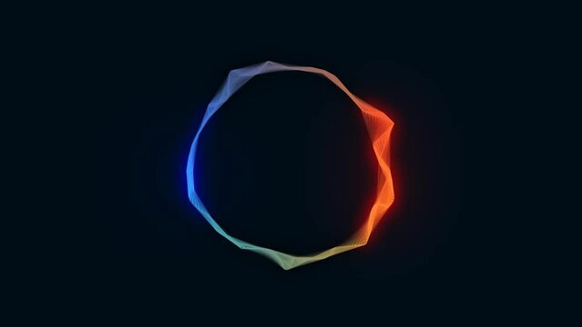 Animated neon chaotically rotating sphere frame. Random plexus of lines. Fire and ice. Flexible circular wave pattern. Space body. Intro for logo, computer download, presentation, technology. 4к  