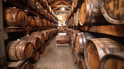 whiskey bourbon scotch barrels in an aging facility,art photo