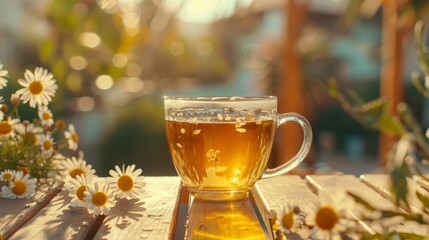 A soothing cup of herbal chamomile tea, basking in the warm glow of sunlight with fresh flowers around.