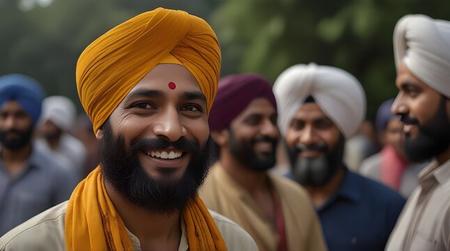 Smiling happy devotee Sikh Indian man ties his traditional turban dastar wear purple.generative.ai