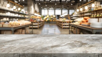 Empty grocery store counter with blurred aisle background, indicating freshness and choice.