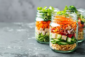 Obraz na płótnie Canvas Asian salad with noodles veggies chicken tofu in jars Grey background Blank space