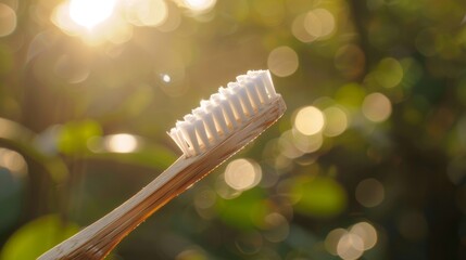 Sustainable bamboo toothbrush with white bristles backlit by warm sunlight, with a bokeh background.