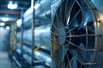 Fototapeta premium Close-up of a ventilation fan in operation within an industrial HVAC setup, focus on blade movement