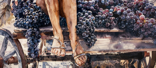 Obraz premium Banner with a girls legs in a wooden cart and grape branches. Harvest concept.