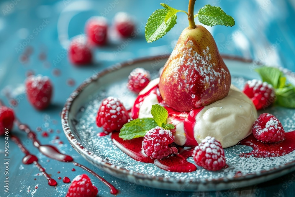 Poster baked pear dessert with cream raspberry syrup fresh raspberries and mint leaves on blue wooden backg