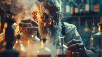 A curious alchemist conducting experiments in their lab searching for the elixir of eternal life - obrazy, fototapety, plakaty