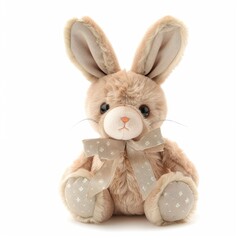A cute toy rabbit with a bow around its neck on a white background