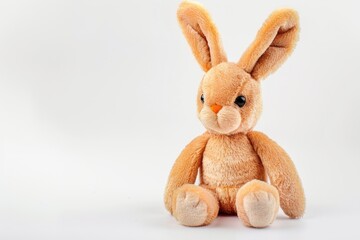 A brown stuffed rabbit sits on a plain white background