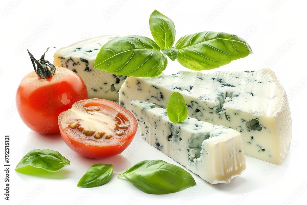 Wall mural blue cheese with basil and tomato on white background