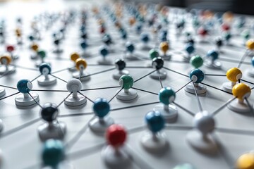Macro of an intricate network of connected dots on a transparent board, symbolizing network building and teamwork