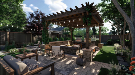 Fototapeta na wymiar A rendering of an outdoor living space with a wooden pergola, seating area and fire pit, surrounded by lush green grass. The canopy is covered in string lights hanging above the sofa set