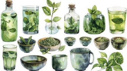 watercolor matcha green tea elements leaves objects isolated on clear png background various japan matcha leaf plant morning drinks delicious beverages clipart set withillustration image - obrazy, fototapety, plakaty
