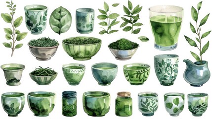 watercolor matcha green tea elements leaves objects isolated on clear png background various japan matcha leaf plant morning drinks delicious beverages clipart set with stock photo - obrazy, fototapety, plakaty
