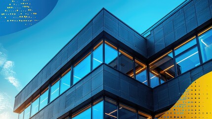 Obraz premium graphite facade and large windows on a fragment of an office building against a blue sky modern aluminum cladding facade with windows stock photo