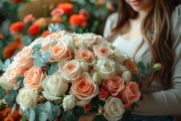 Zoomed-in on a floral arrangement being crafted specifically for a customers special occasion, showcasing bespoke services