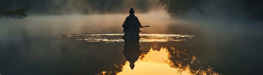 A samurais reflection captured in the still waters of a misty lake at dawn, symbolizing peace and solitude