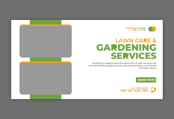 Lawn Mower Garden or Landscaping Service Youtube thumbnail and web banner template design | grass, equipment, gardener