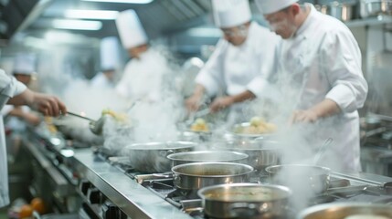 Steam rises from the pots and pans on the stovetops as chefs in pristine white jackets and toques race around the busy kitchen their hands moving in a blur of culinary precision. .