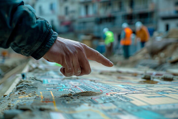 Close-up of an architect's hand pointing at specific details on a construction site, workers and materials in the background