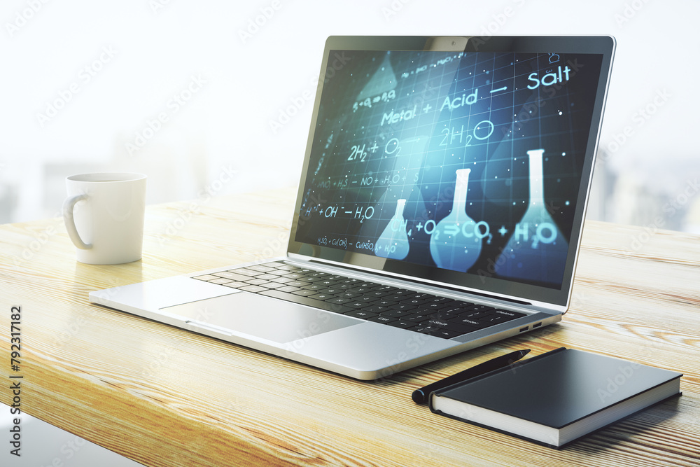 Poster modern computer monitor with creative chemistry concept, research and development concept. 3d render