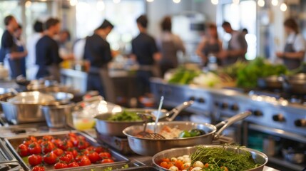 Defocused image of a bustling kitchen with pots and pans clanging in the background as chefs move quickly around the space. In the forefront a group of students are gathered around .