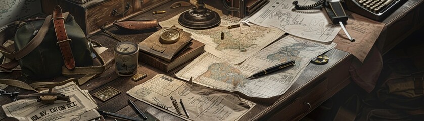 Obraz premium A soldiers desk cluttered with battle plans and personal mementos, a poignant blend of professional duty and personal memories