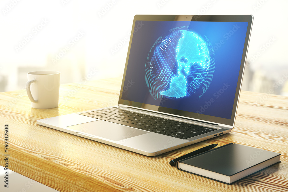 Poster modern computer monitor with america map, research and strategy concept. 3d rendering