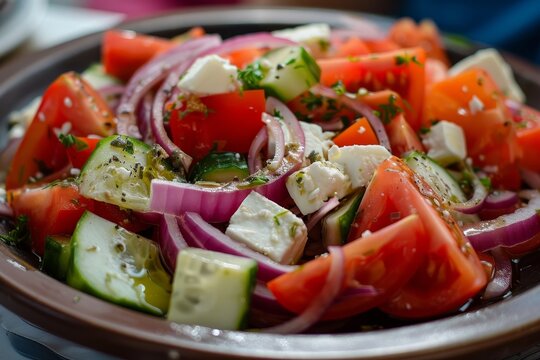 Close up photo of Greek salad from Crete Greece